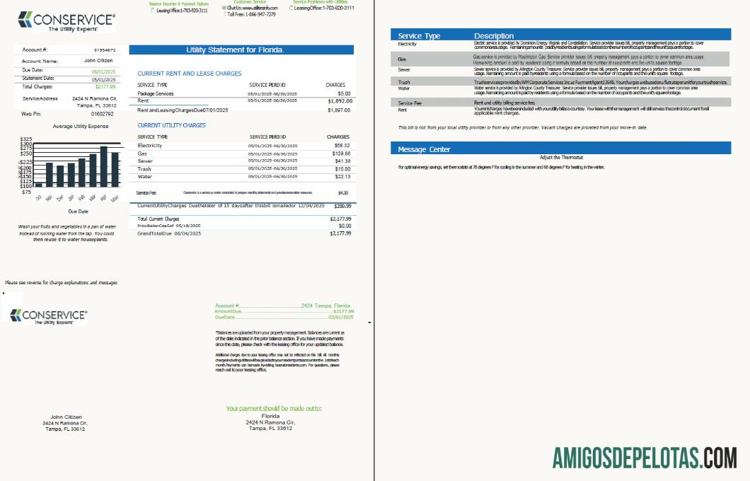 em branco Modelo de conta de serviços públicos Conservice dos EUA em formatos Word e PDF, 2 páginas, versão 2